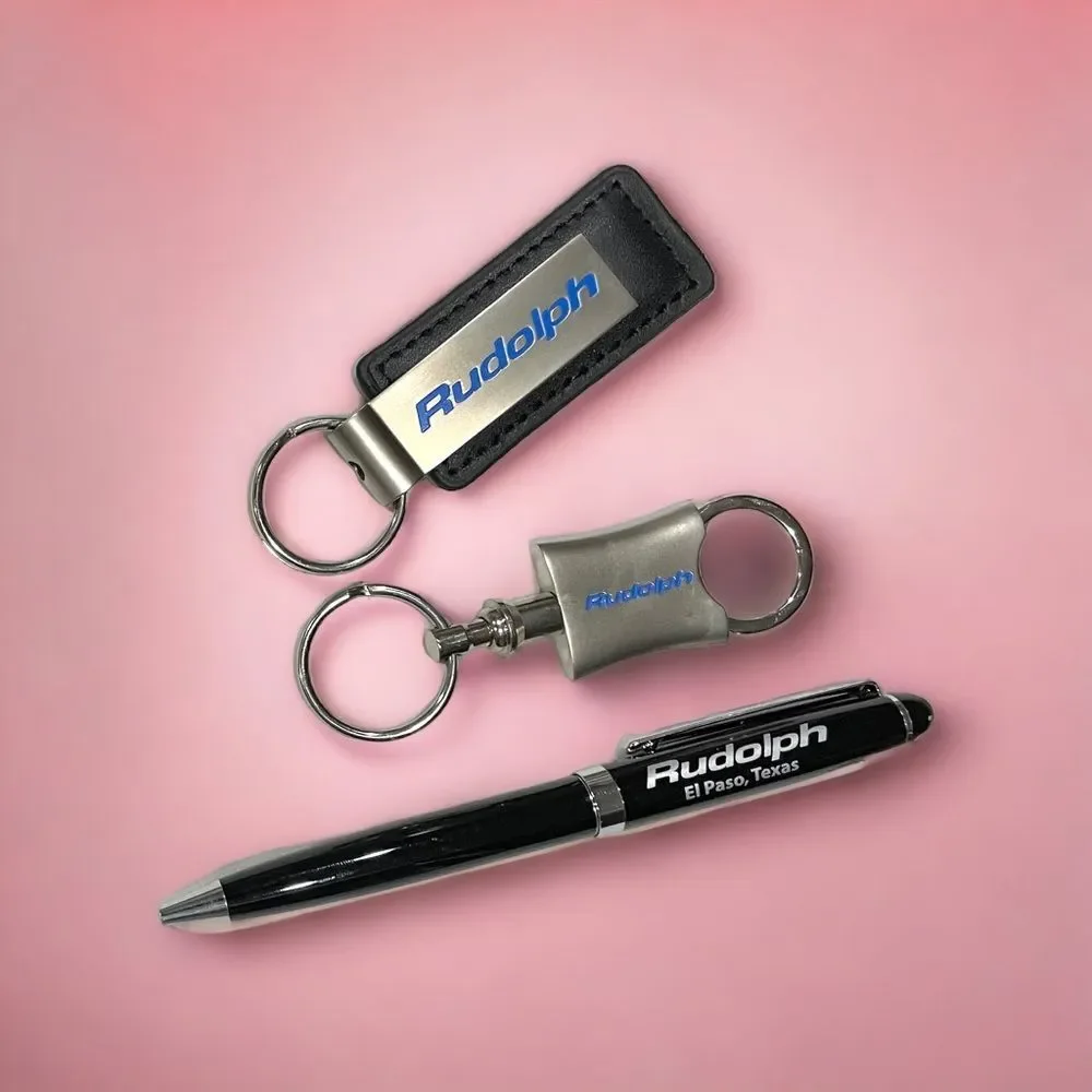 Set of Two Key Chains & Ball Point Pen with the name Rudolph Printed in them NIB